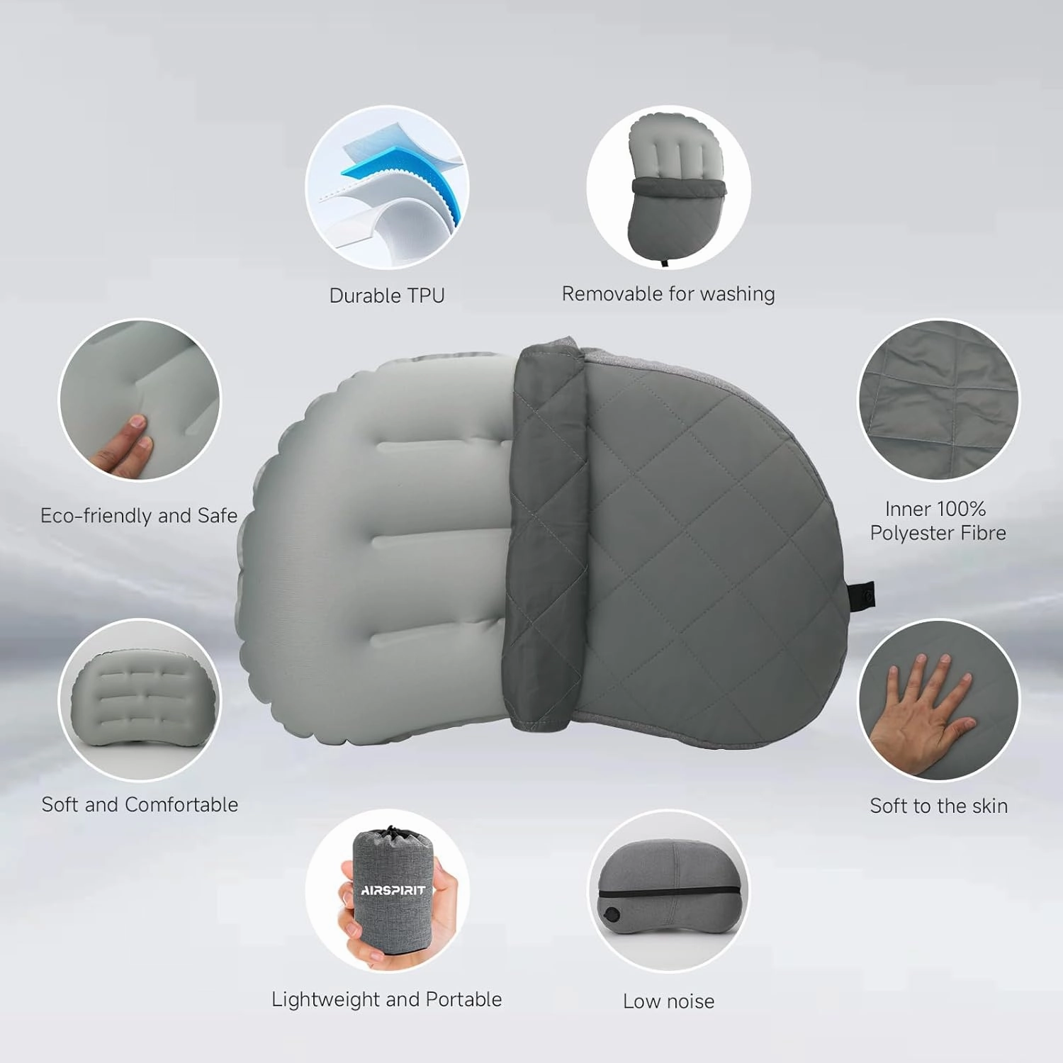 Ultralight Camping Pillow Inflatable with Removable Washable Cover, Compact Travel Pillow for Neck Support, Hiking, Backpacking, Office, Airplane, Car & Beach - Adjustable Firmness(Grey)