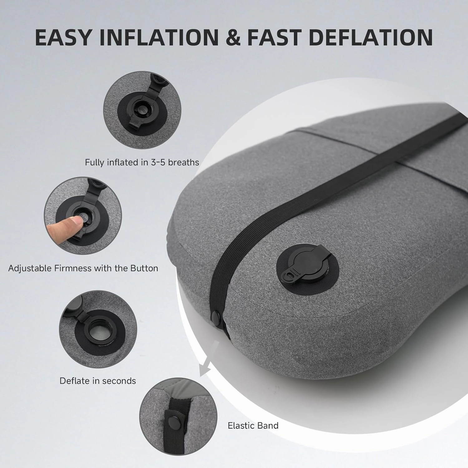 Ultralight Camping Pillow Inflatable with Removable Washable Cover, Compact Travel Pillow for Neck Support, Hiking, Backpacking, Office, Airplane, Car & Beach - Adjustable Firmness(Grey)