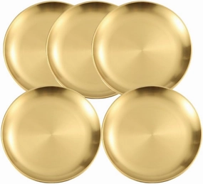 Unbreakable 5 Piece 9 Inch 304 Stainless Steel Plates Metal Dinner Dishes Reusable Camping Plate (Gold, 10 Inch)