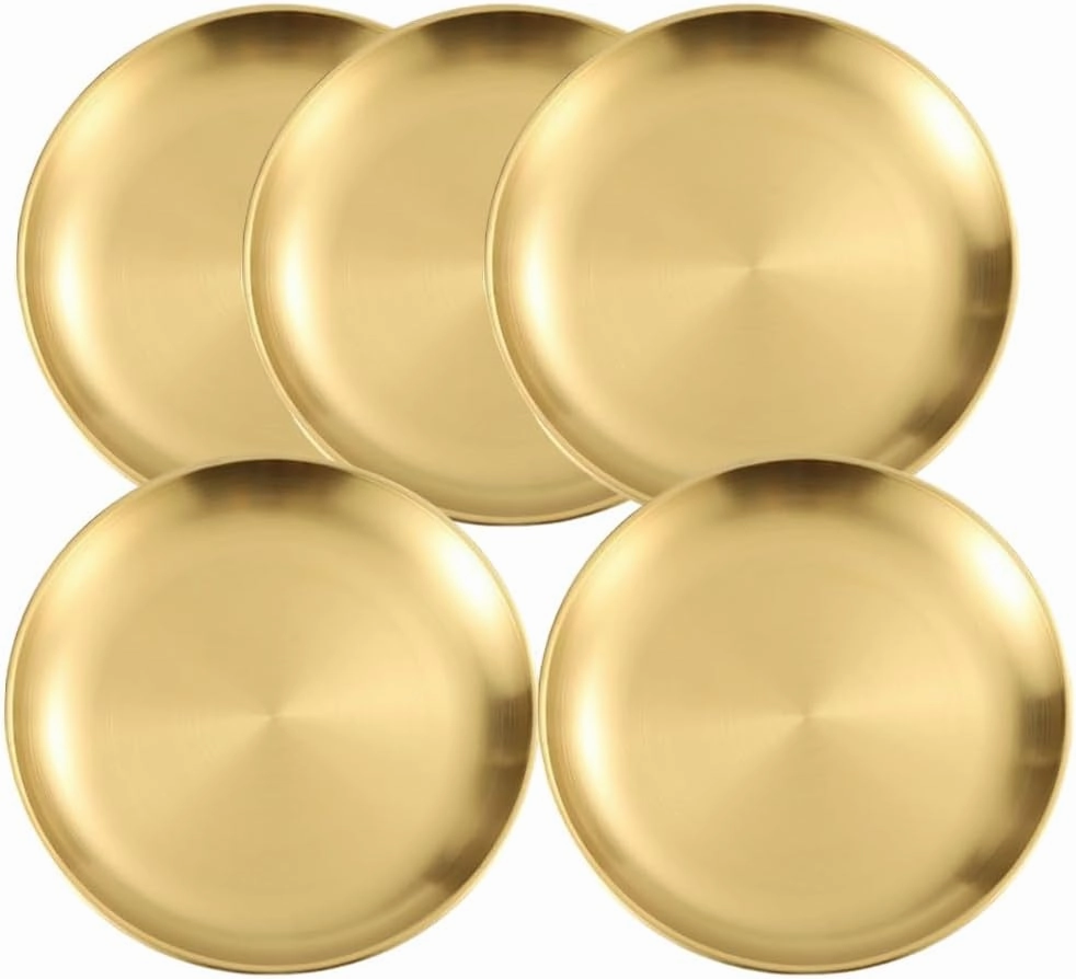 Unbreakable 5 Piece 9 Inch 304 Stainless Steel Plates Metal Dinner Dishes Reusable Camping Plate (Gold, 10 Inch)