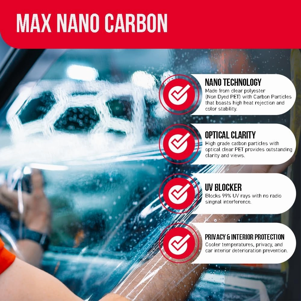 United Window Tint Car Film 24" in x 100'Ft MAX Nano Carbon Film 2Ply 5% VLT - Clear Polyester Privacy Window Tint Blocks UV/IR Rays, Heat & Glare- Laminate Adhesive with Lifetime Color Stability…