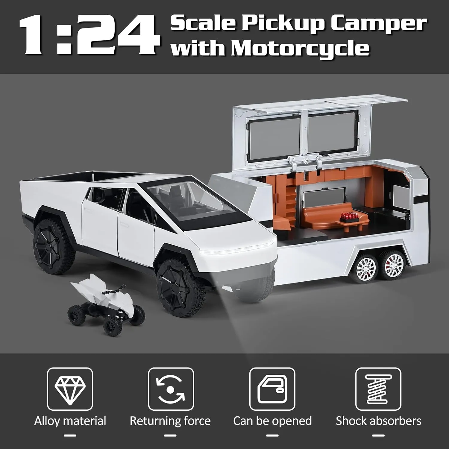 Upgraded 1/24 Cybertruck Toy, Alloy Diecast Truck Toy with RV Motorcycle, 3-in-1 Pickup Trail Pull-Back Model Kit with Sound and Light, for Kids Boys Girls, Silver