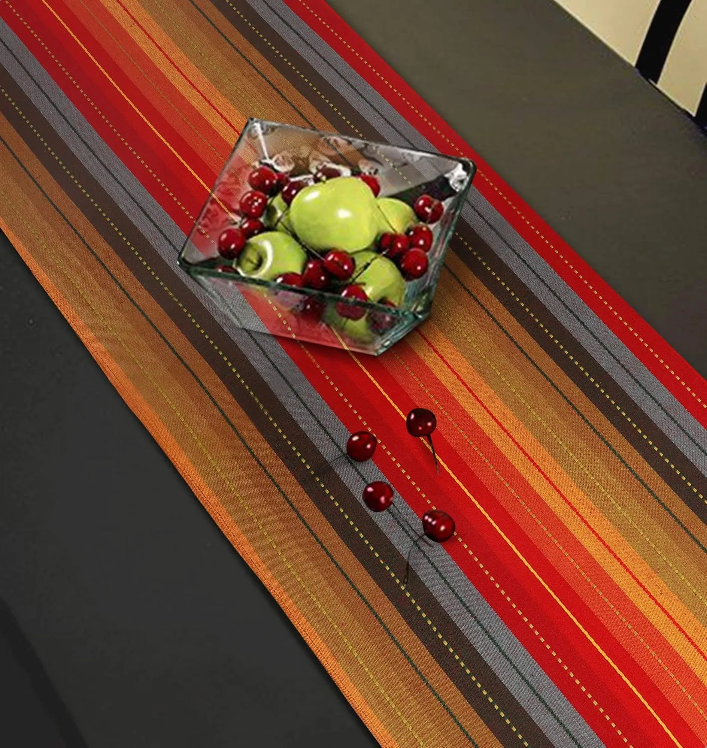 Urban Villa Table Runner 100% Cotton Fused TableRunner Cuisine Stripes 14''x72'' Over Sized Red Multi Color Table Runner Heavier Quality