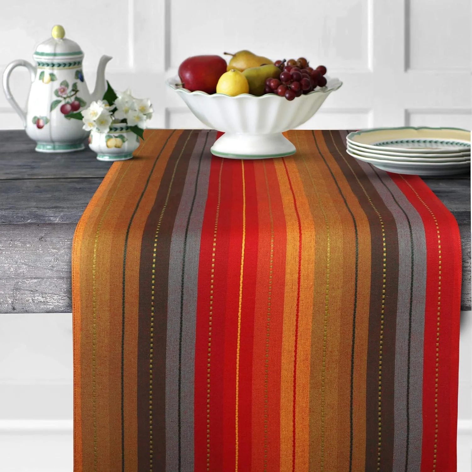 Urban Villa Table Runner 100% Cotton Fused TableRunner Cuisine Stripes 14''x72'' Over Sized Red Multi Color Table Runner Heavier Quality