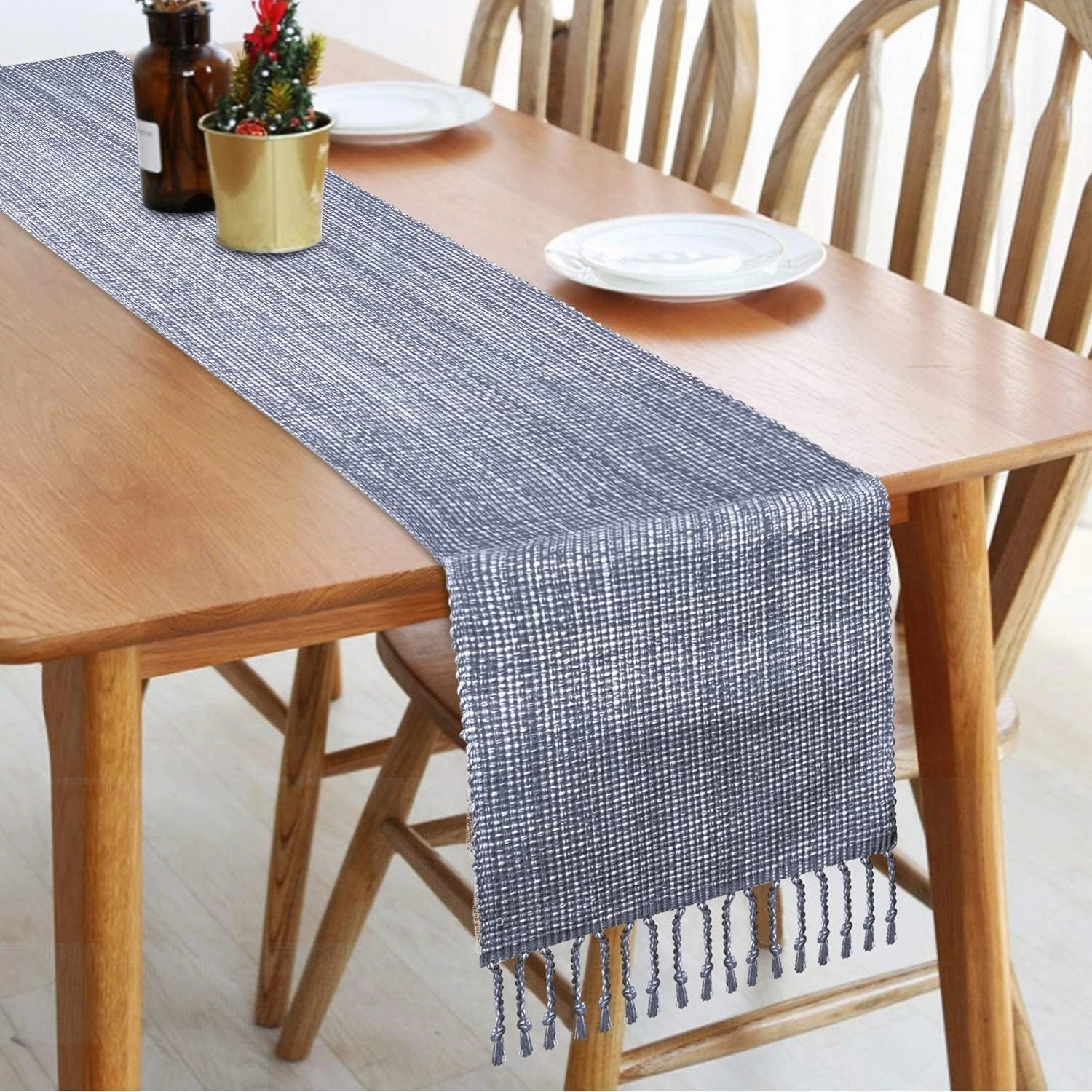 Urban Villa Two Tone Table Decor - 14x72 Blue/White w/Fringes - Cotton Table Runner for Dining, Kitchen, Everyday Use
