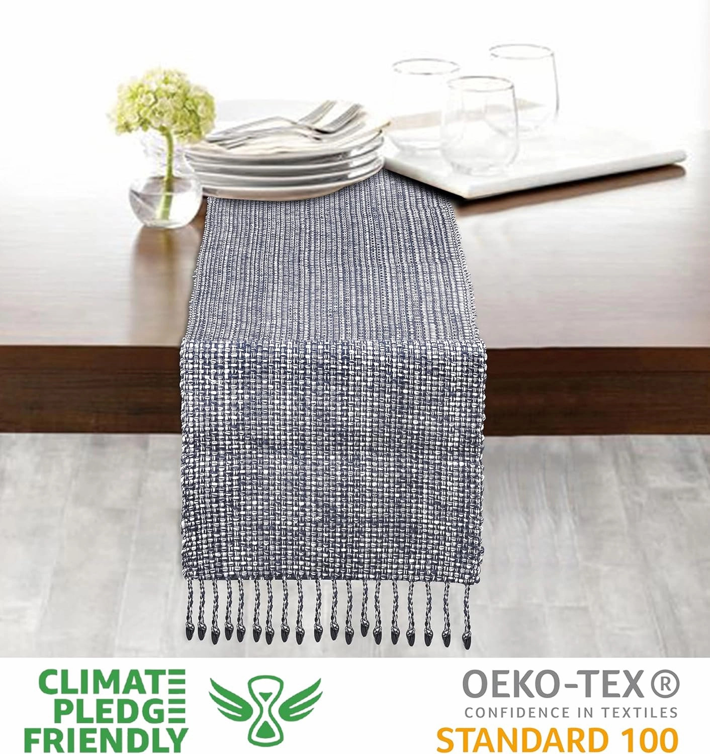 Urban Villa Two Tone Table Decor - 14x72 Blue/White w/Fringes - Cotton Table Runner for Dining, Kitchen, Everyday Use
