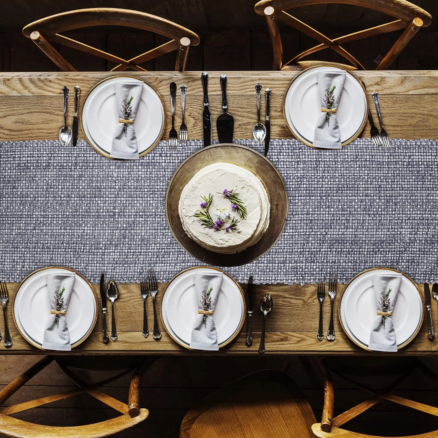 Urban Villa Two Tone Table Decor - 14x72 Blue/White w/Fringes - Cotton Table Runner for Dining, Kitchen, Everyday Use