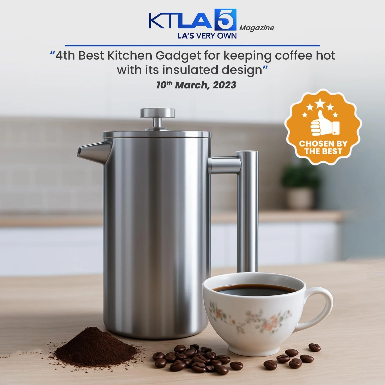 Utopia Kitchen Stainless Steel French Press Coffee Maker 34 Oz (1 Litre) with 2 Extra Filters, French Press Coffee & Tea Maker for Kitchen & Camping, Cold Brew Cafetiere, Silver