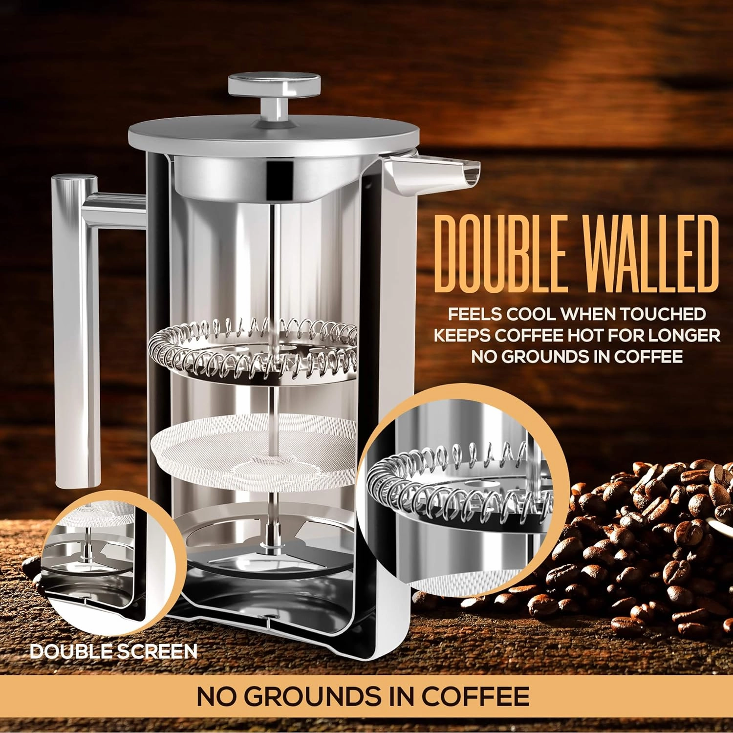Utopia Kitchen Stainless Steel French Press Coffee Maker 34 Oz (1 Litre) with 2 Extra Filters, French Press Coffee & Tea Maker for Kitchen & Camping, Cold Brew Cafetiere, Silver