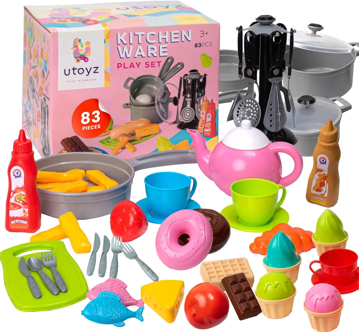 uToyz Kitchenware Playset – 83pcs Toddler Play Food Sets for Kids Kitchen Playset, Mini Toddler Cooking Set with Play Kitchen Accessories & Toy Food, Cooking Toys with Toy Pots & Pans for Kids Ages 3 