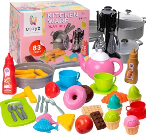 uToyz Kitchenware Playset – 83pcs Toddler Play Food Sets for Kids Kitchen Playset, Mini Toddler Cooking Set with Play Kitchen Accessories & Toy Food, Cooking Toys with Toy Pots & Pans for Kids Ages 3 