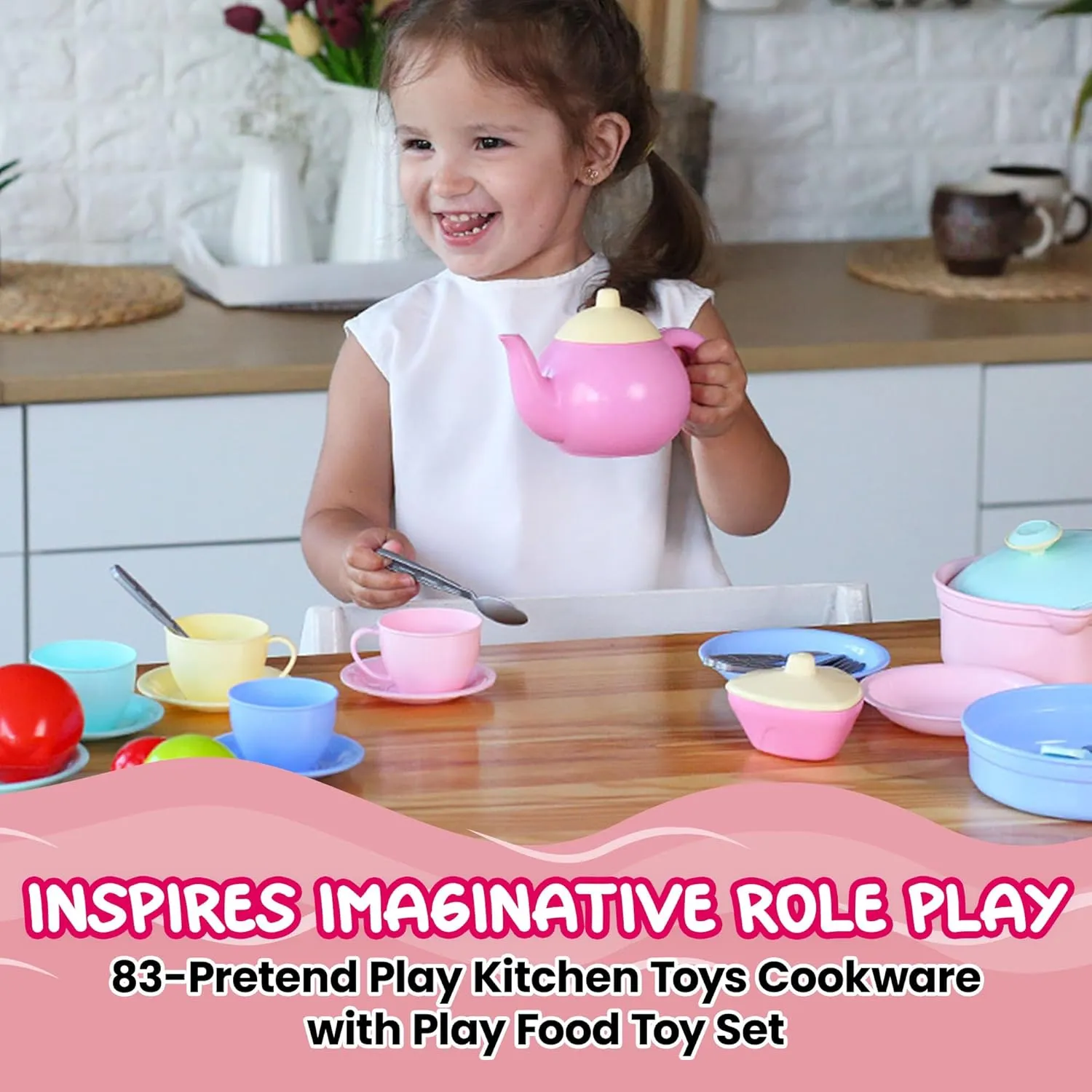 uToyz Kitchenware Playset – 83pcs Toddler Play Food Sets for Kids Kitchen Playset, Mini Toddler Cooking Set with Play Kitchen Accessories & Toy Food, Cooking Toys with Toy Pots & Pans for Kids Ages 3 