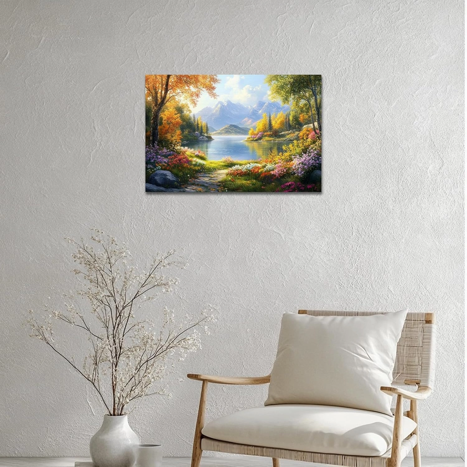 UZMKM Spring Wall Art, Modern Framed Nature Canvas Wall Art for Living Room Bedroom Decor, Spring Theme Flower View Painting, Forest Lake Landscape Picture Prints Wall Decoration Artwork 12x18 Inch