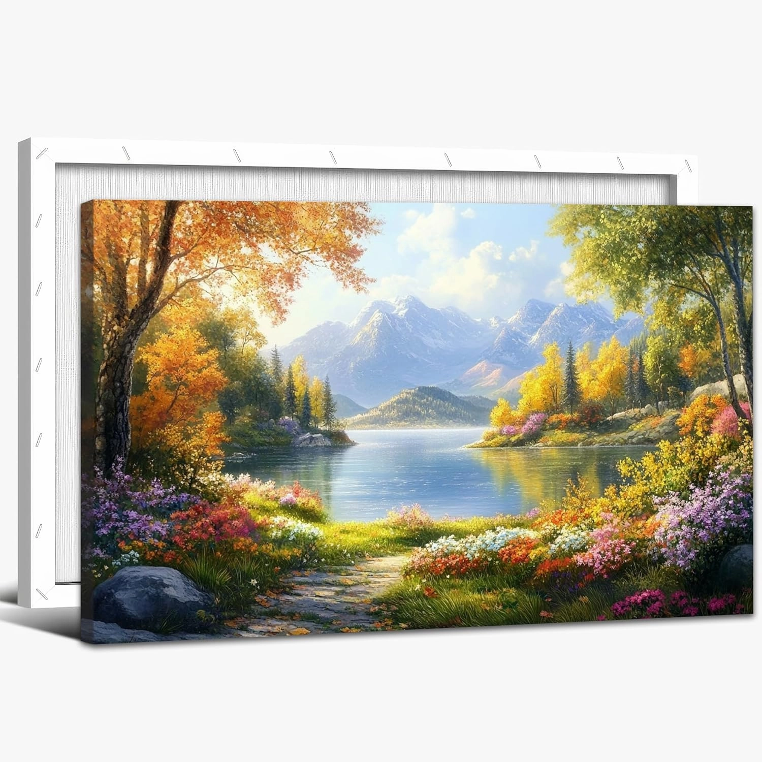 UZMKM Spring Wall Art, Modern Framed Nature Canvas Wall Art for Living Room Bedroom Decor, Spring Theme Flower View Painting, Forest Lake Landscape Picture Prints Wall Decoration Artwork 12x18 Inch