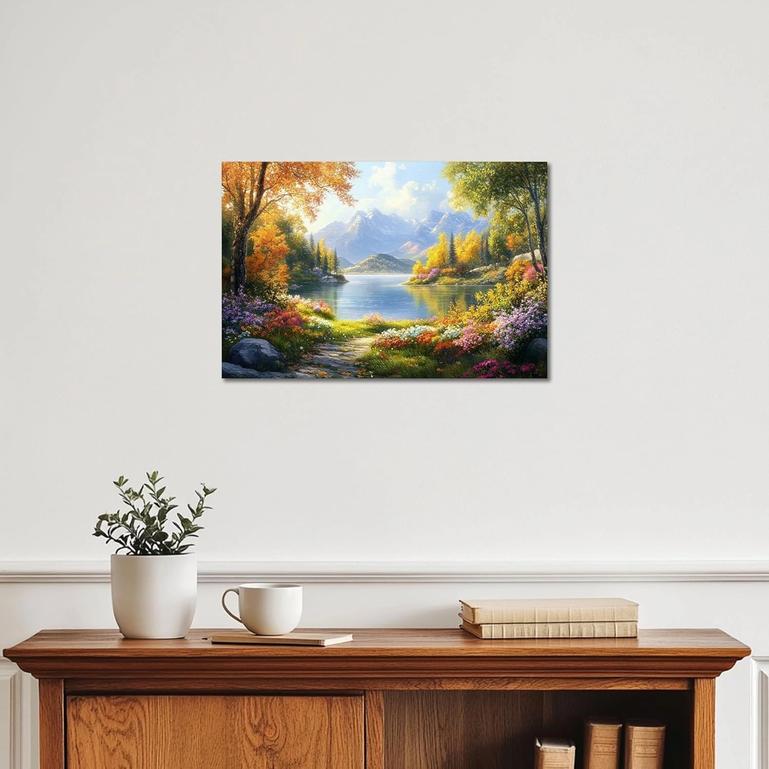 UZMKM Spring Wall Art, Modern Framed Nature Canvas Wall Art for Living Room Bedroom Decor, Spring Theme Flower View Painting, Forest Lake Landscape Picture Prints Wall Decoration Artwork 12x18 Inch