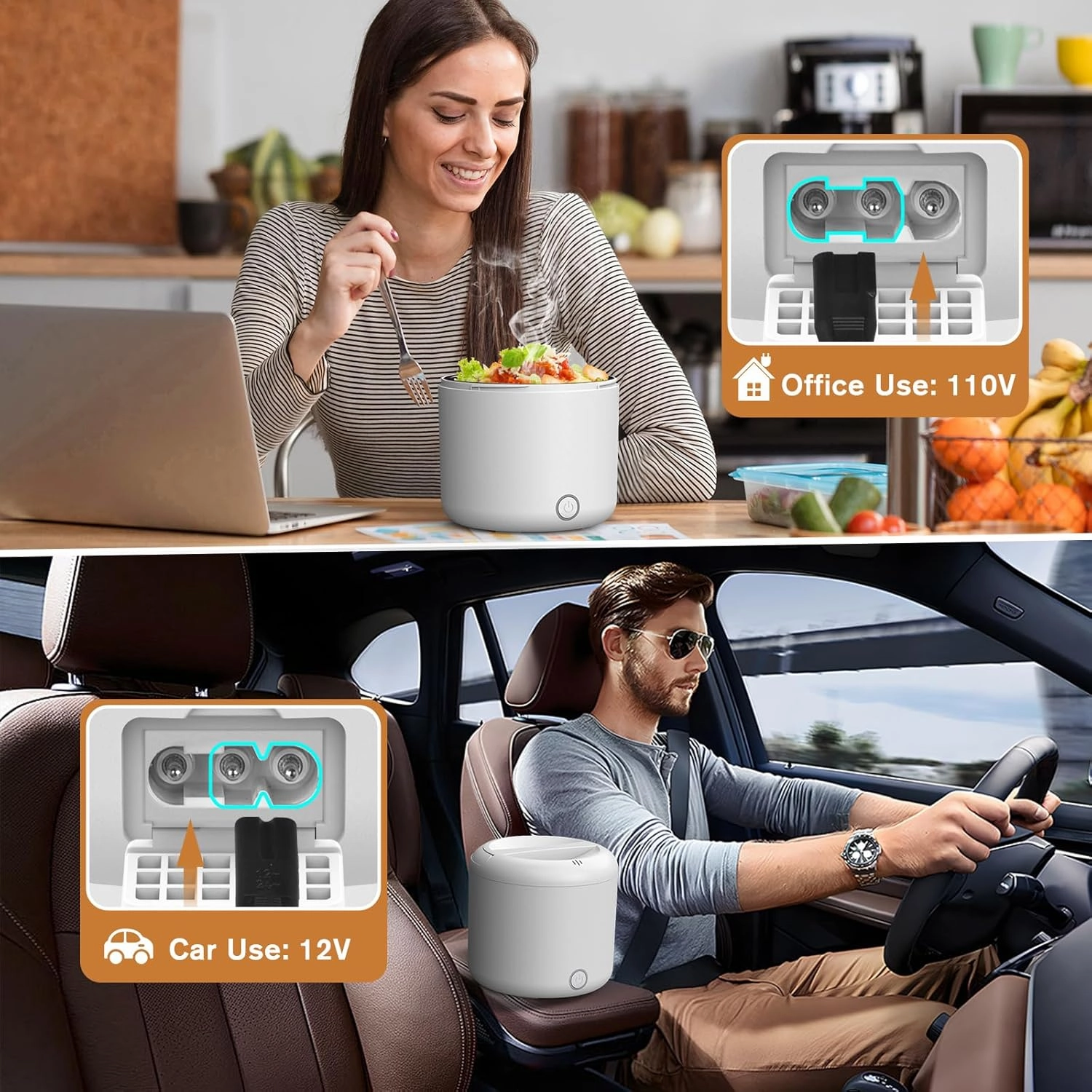 Vabaso Electric Lunch Box for Adults, 41oz 80W Heated Lunch Box, 12V/24V/110V/220V Portable Food Warmer White Elephant Gifts for Men Car Truck Work with 1.2L 304 Stainless Steel Container