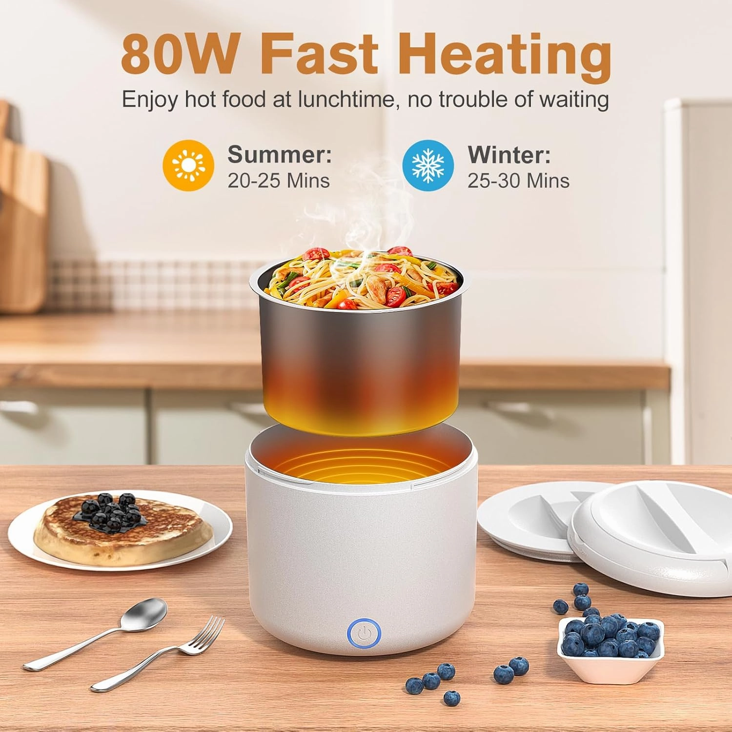 Vabaso Electric Lunch Box for Adults, 41oz 80W Heated Lunch Box, 12V/24V/110V/220V Portable Food Warmer White Elephant Gifts for Men Car Truck Work with 1.2L 304 Stainless Steel Container