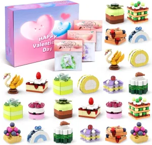 Valentines Day Gifts for Kids Classroom/School,24PCS Dessert Building Blocks and Valentines Cards,Toys for 3  Years Old Girls & Boys