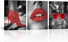 VANSEEING 3 Pieces Women Bedroom Decor Canvas Wall Art Prints Red Lips Fashion High Heels Sunglasses Fashion Picture Black and White Sexy Artwork Painting for Bathroom Dressing Room 12"x16"x3pcs