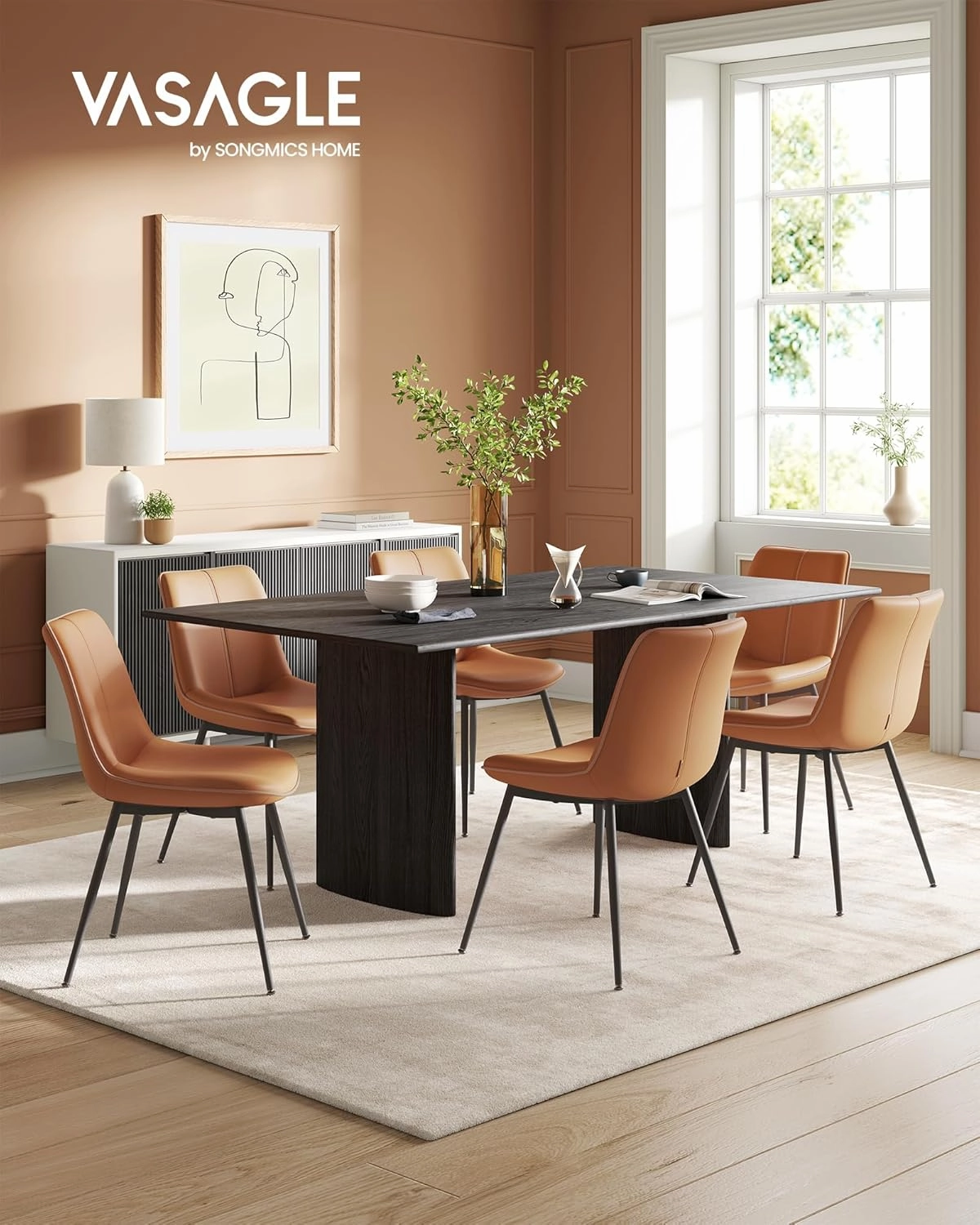 VASAGLE Leather Dining Chairs Set of 2, Comfortable Upholstered Seat Dining Room Chairs with Swivel Leveling Feet, Curved Backrest Kitchen Chair for Living, Restaurant, Easy Assemble, Caramel Brown
