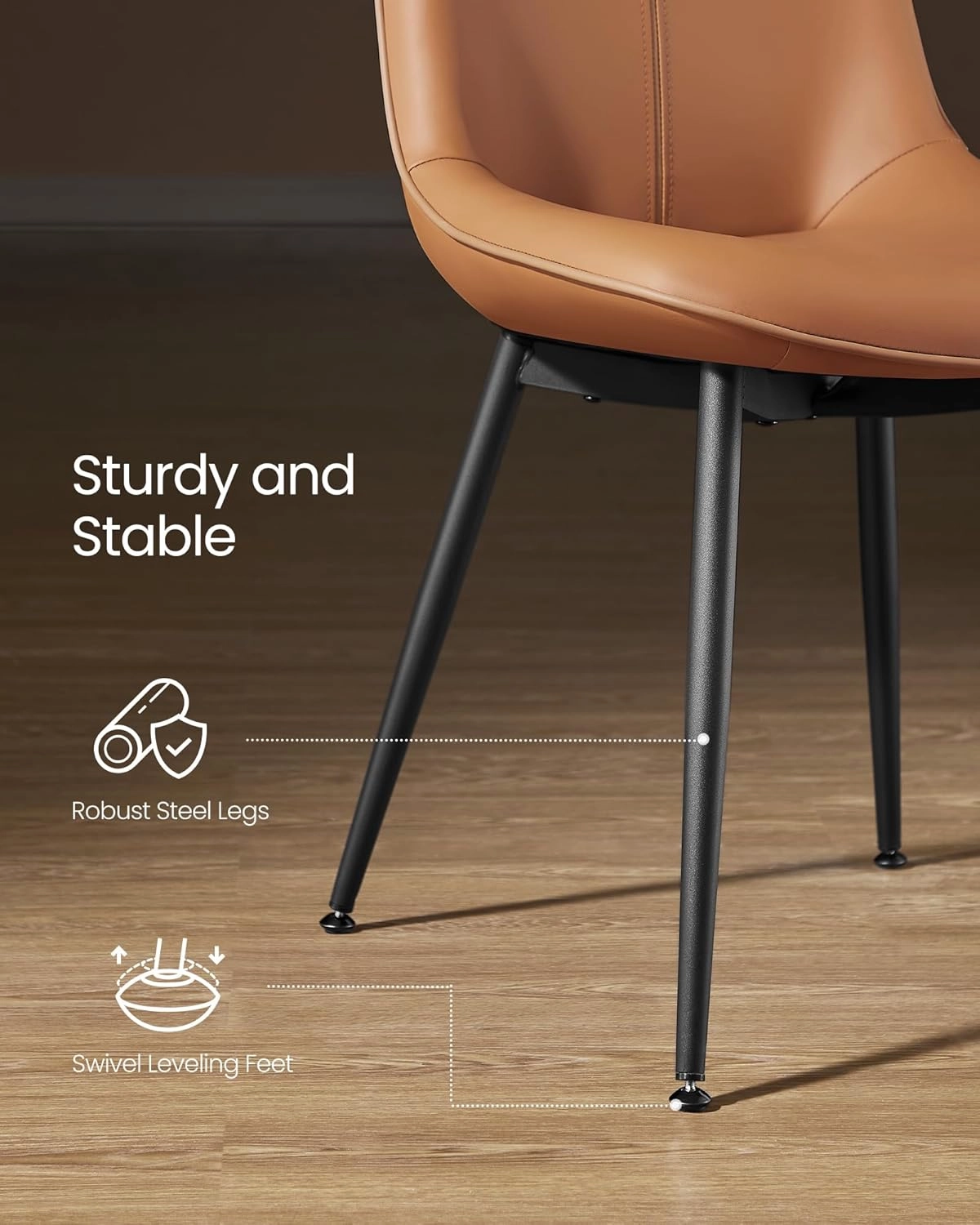 VASAGLE Leather Dining Chairs Set of 2, Comfortable Upholstered Seat Dining Room Chairs with Swivel Leveling Feet, Curved Backrest Kitchen Chair for Living, Restaurant, Easy Assemble, Caramel Brown