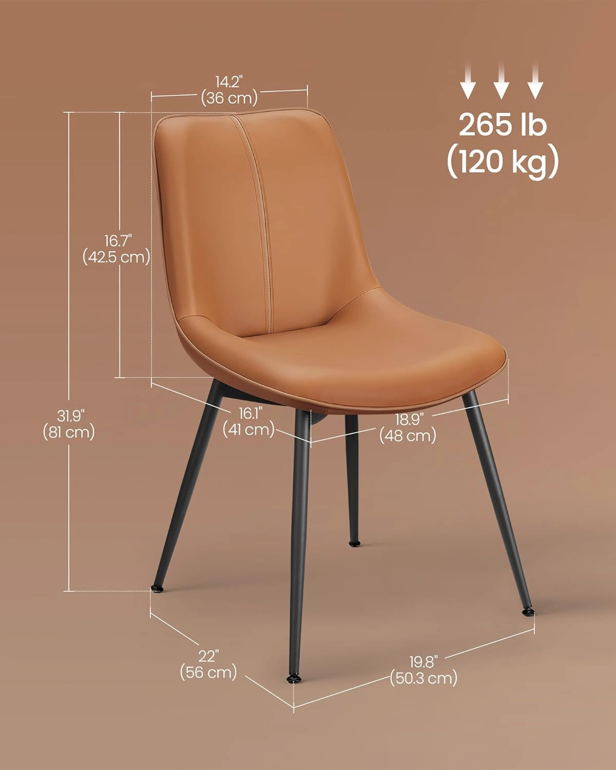 VASAGLE Leather Dining Chairs Set of 2, Comfortable Upholstered Seat Dining Room Chairs with Swivel Leveling Feet, Curved Backrest Kitchen Chair for Living, Restaurant, Easy Assemble, Caramel Brown