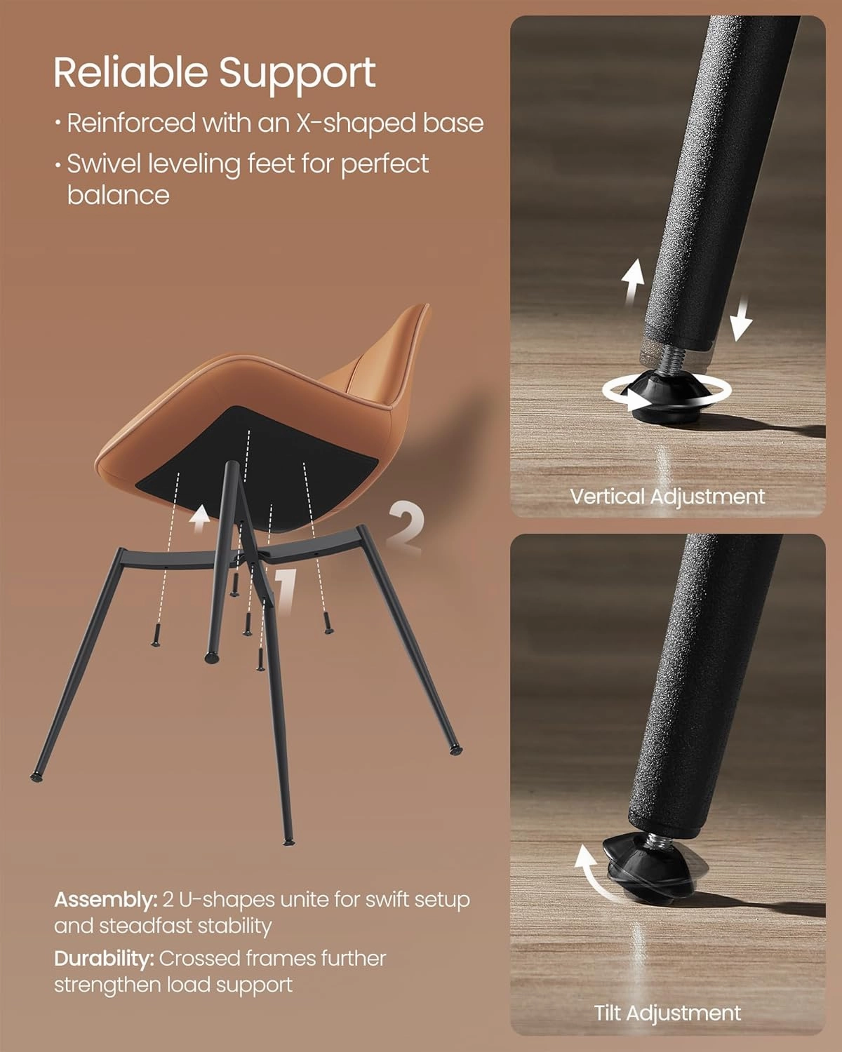 VASAGLE Leather Dining Chairs Set of 2, Comfortable Upholstered Seat Dining Room Chairs with Swivel Leveling Feet, Curved Backrest Kitchen Chair for Living, Restaurant, Easy Assemble, Caramel Brown