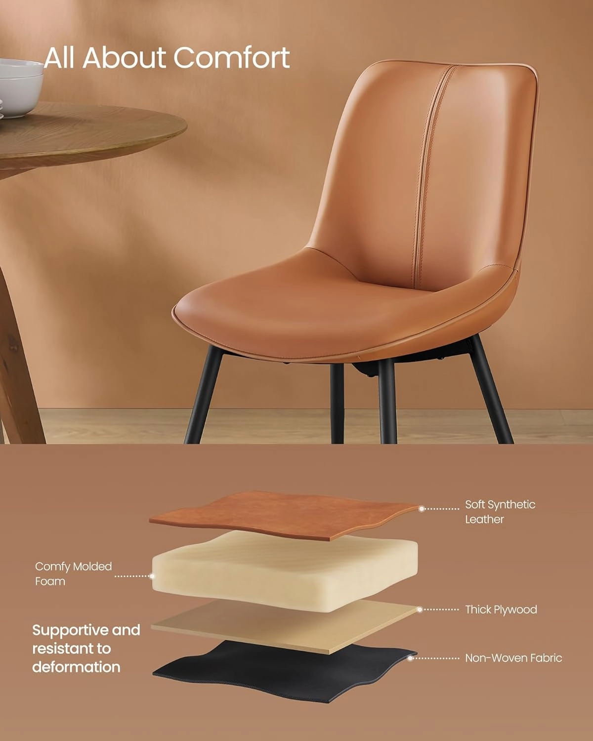 VASAGLE Leather Dining Chairs Set of 2, Comfortable Upholstered Seat Dining Room Chairs with Swivel Leveling Feet, Curved Backrest Kitchen Chair for Living, Restaurant, Easy Assemble, Caramel Brown