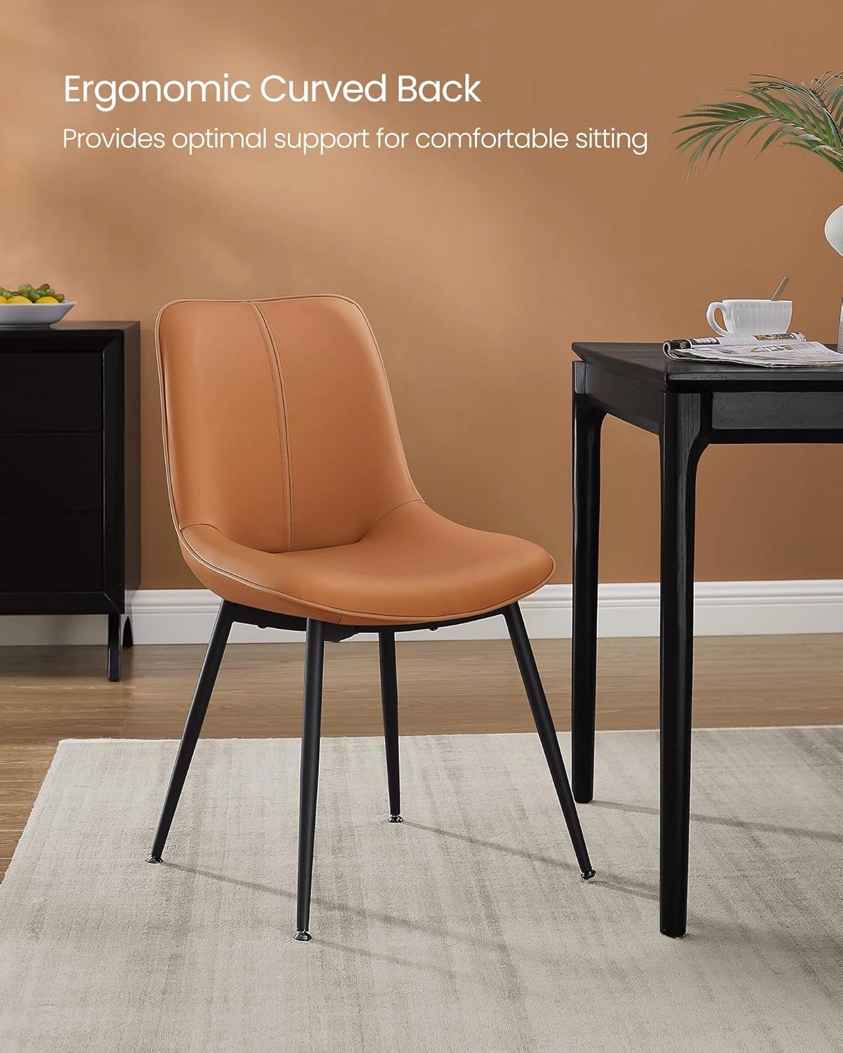 VASAGLE Leather Dining Chairs Set of 2, Comfortable Upholstered Seat Dining Room Chairs with Swivel Leveling Feet, Curved Backrest Kitchen Chair for Living, Restaurant, Easy Assemble, Caramel Brown