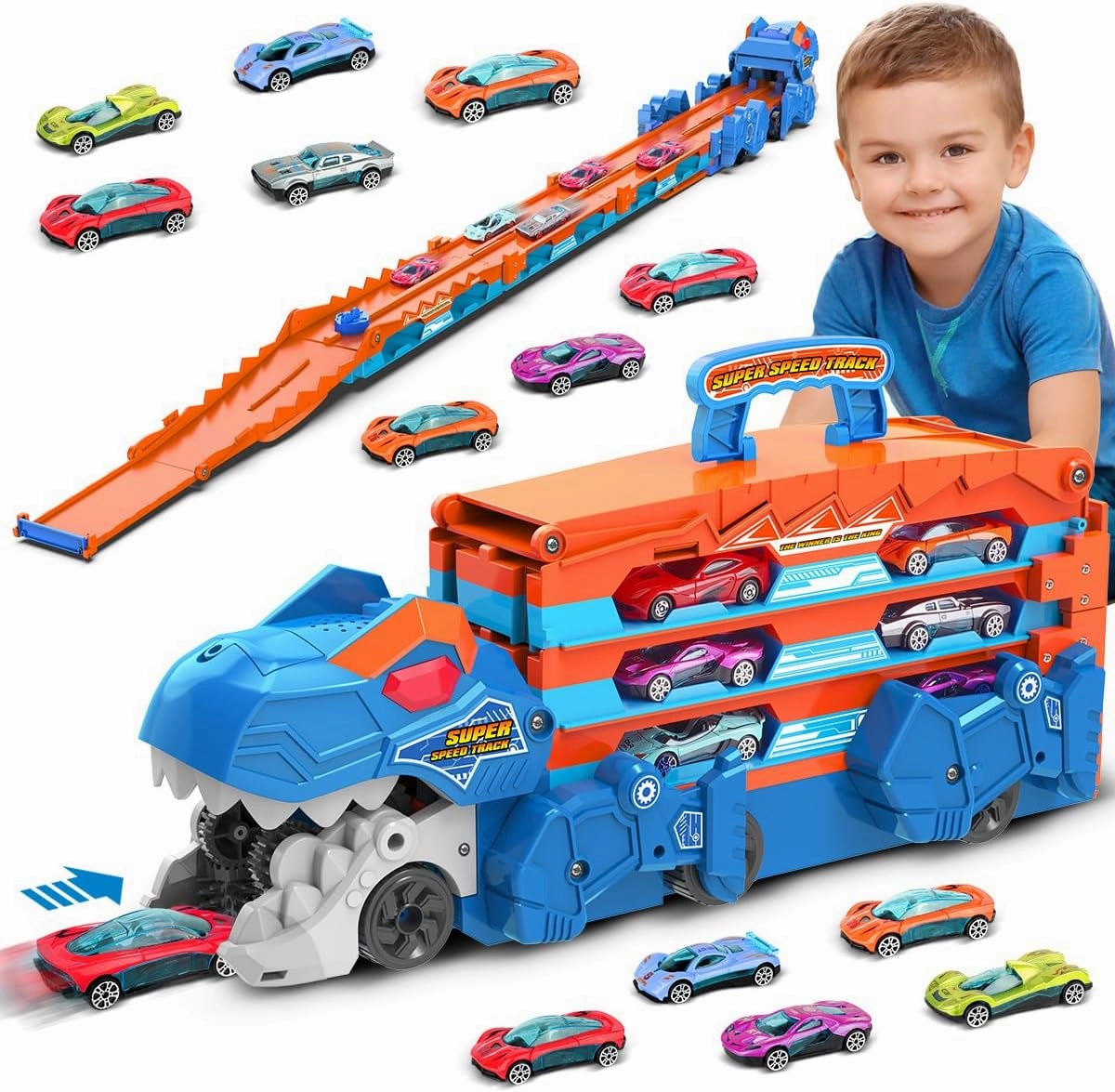 VATOS Toddler Truck Toy - Ejection Folding Dinosaur Track, Portable Truck Car with 8 Race Cars, Best Gift Toy Cars Set for Toddlers 3 4 5 6 7 Years Old