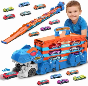 VATOS Toddler Truck Toy - Ejection Folding Dinosaur Track, Portable Truck Car with 8 Race Cars, Best Gift Toy Cars Set for Toddlers 3 4 5 6 7 Years Old