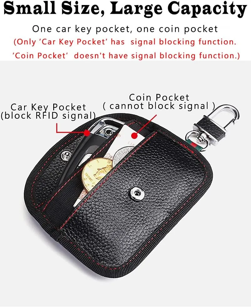 VAWcornic 2 Pack Faraday Bag for Key Fob, Genuine Leather RFID Signal Blocking Pouch Keyless Signal Block Key Case for Car Security Anti-Theft Remote Entry Smart Fob Protection Black Red