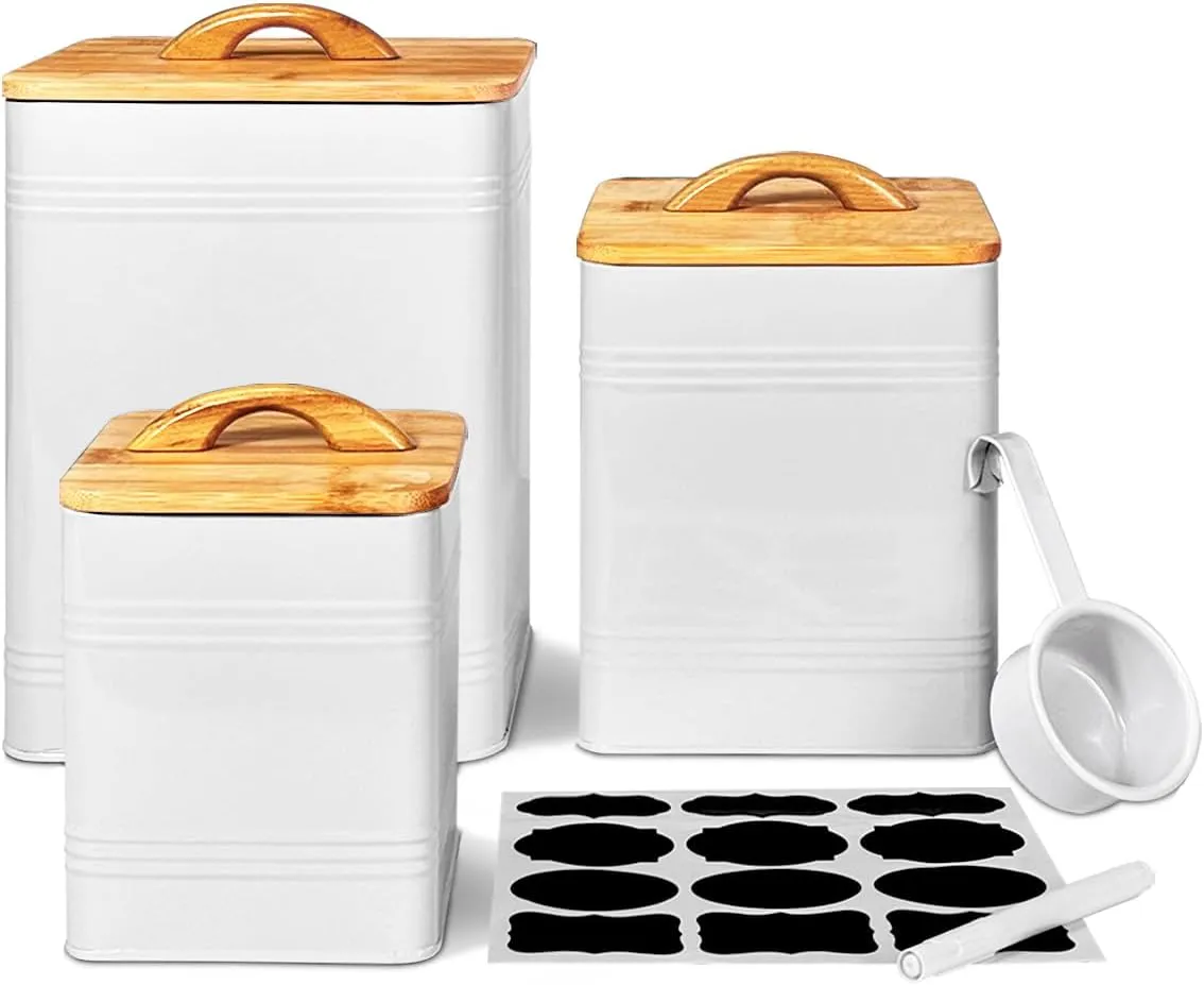 vensovo Kitchen Canisters Set of 3 – White Metal Airtight Food Storage Jars with Lids – Farmhouse Flour and Sugar Containers for Kitchen Countertop & Pantry