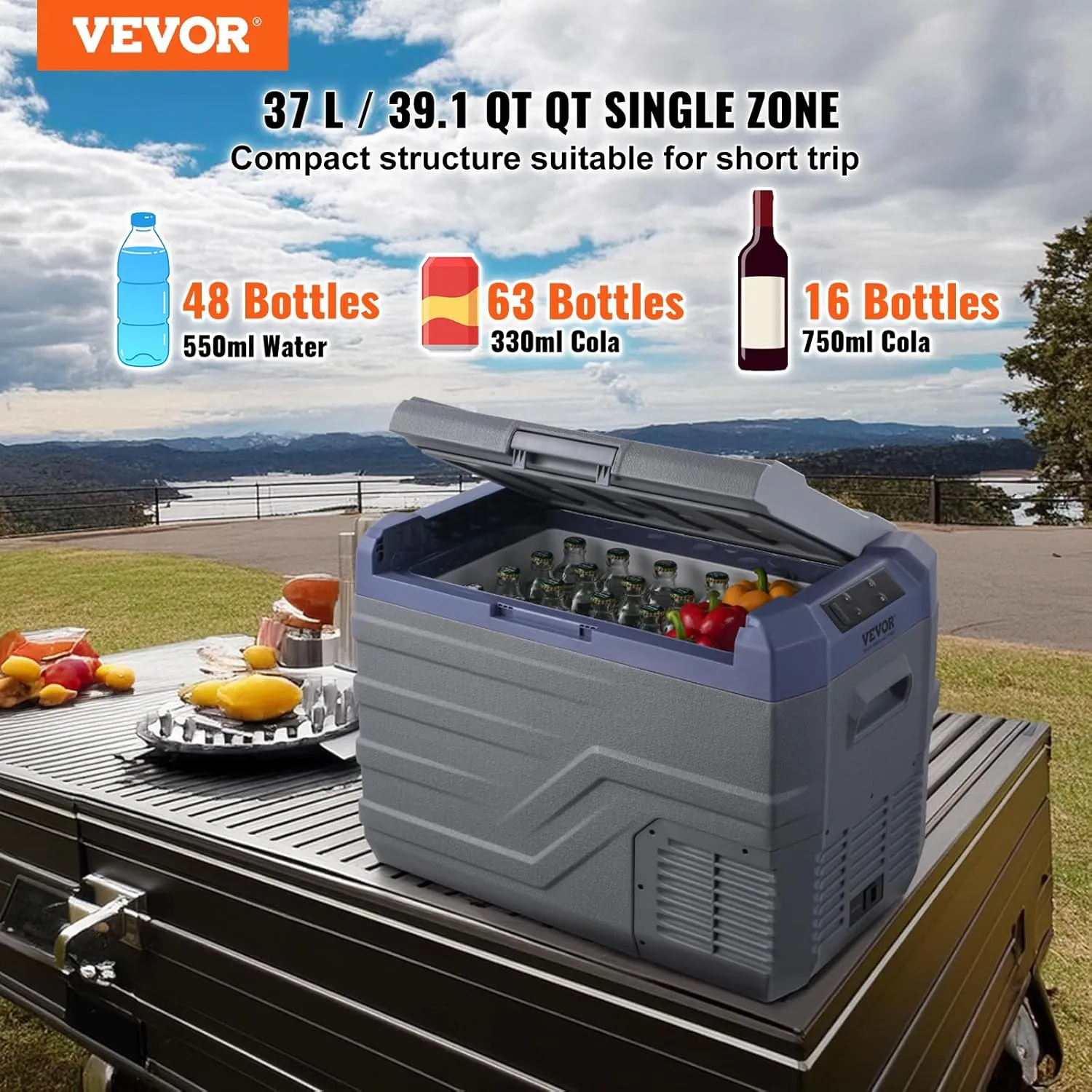VEVOR Car Refrigerator, 12 Volt Car Refrigerator Fridge, 37 L Single Zone Portable Freezer with Built-in Light, -4℉-68℉, 12/24V DC and 100-240V AC Compressor Cooler for Outdoor, Camping, RV