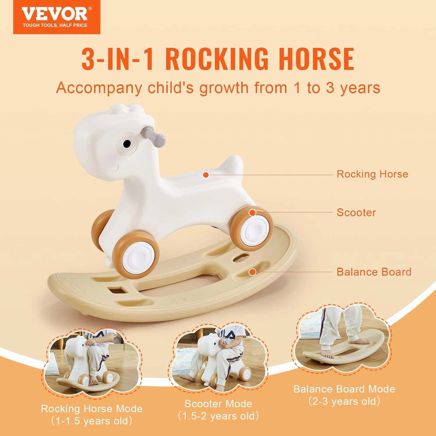VEVOR 3 in 1 Baby Rocking Horse for Toddlers 1-3 Years,Rocking Horse with Detachable Balance Board and 4 Smooth Wheels, Support up to HDPE Material 80 lbs Kids Ride on Toy, 40° Swinging, White