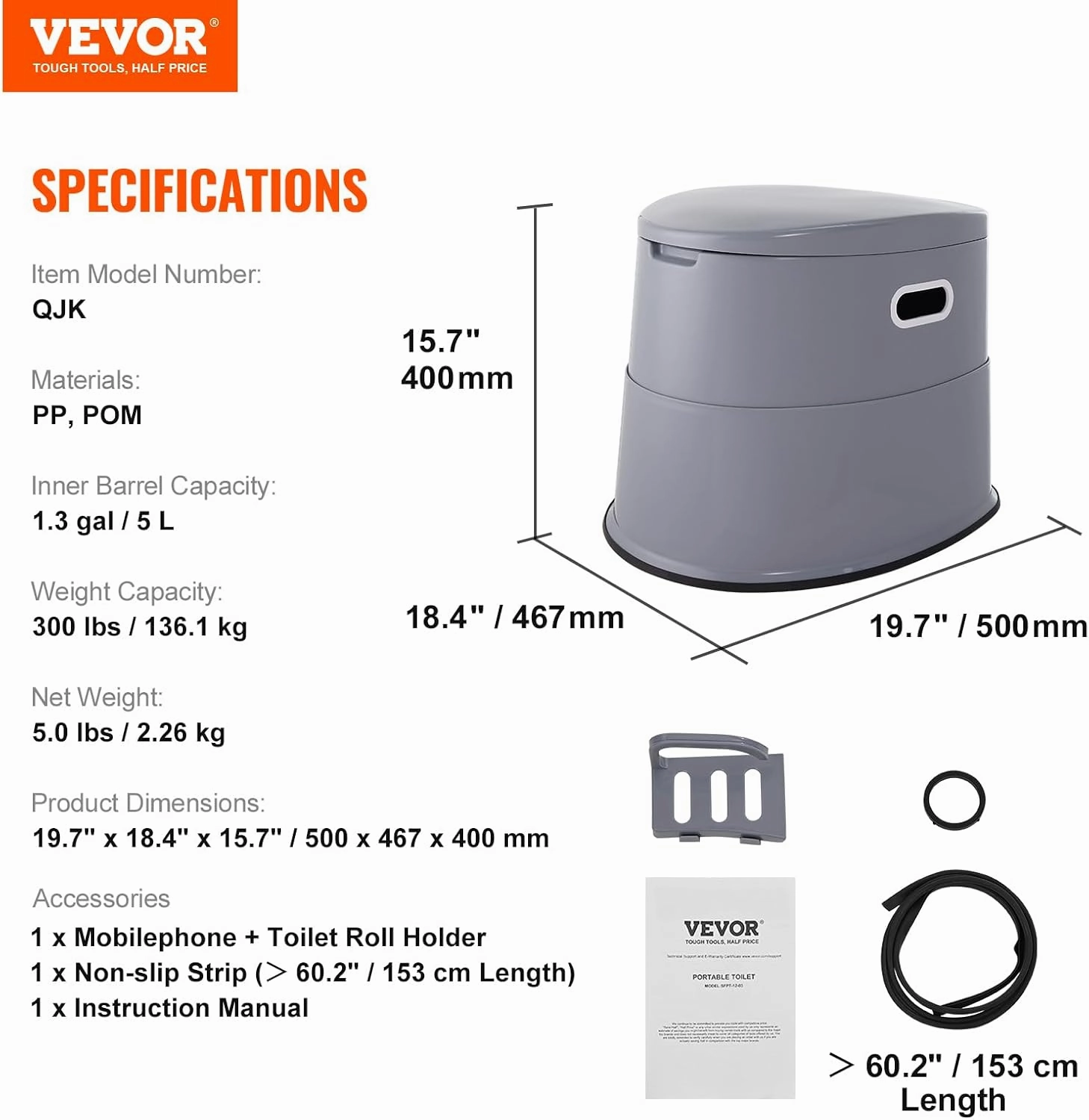 VEVOR RV Toilet for Camping, Portable Toilet with 1.3 Gal Detachable Inner Bucket & Removable Paper Holder, Commode with Dual Lids, Travel Toilet for Outdoor Camping Car Long Road Trips