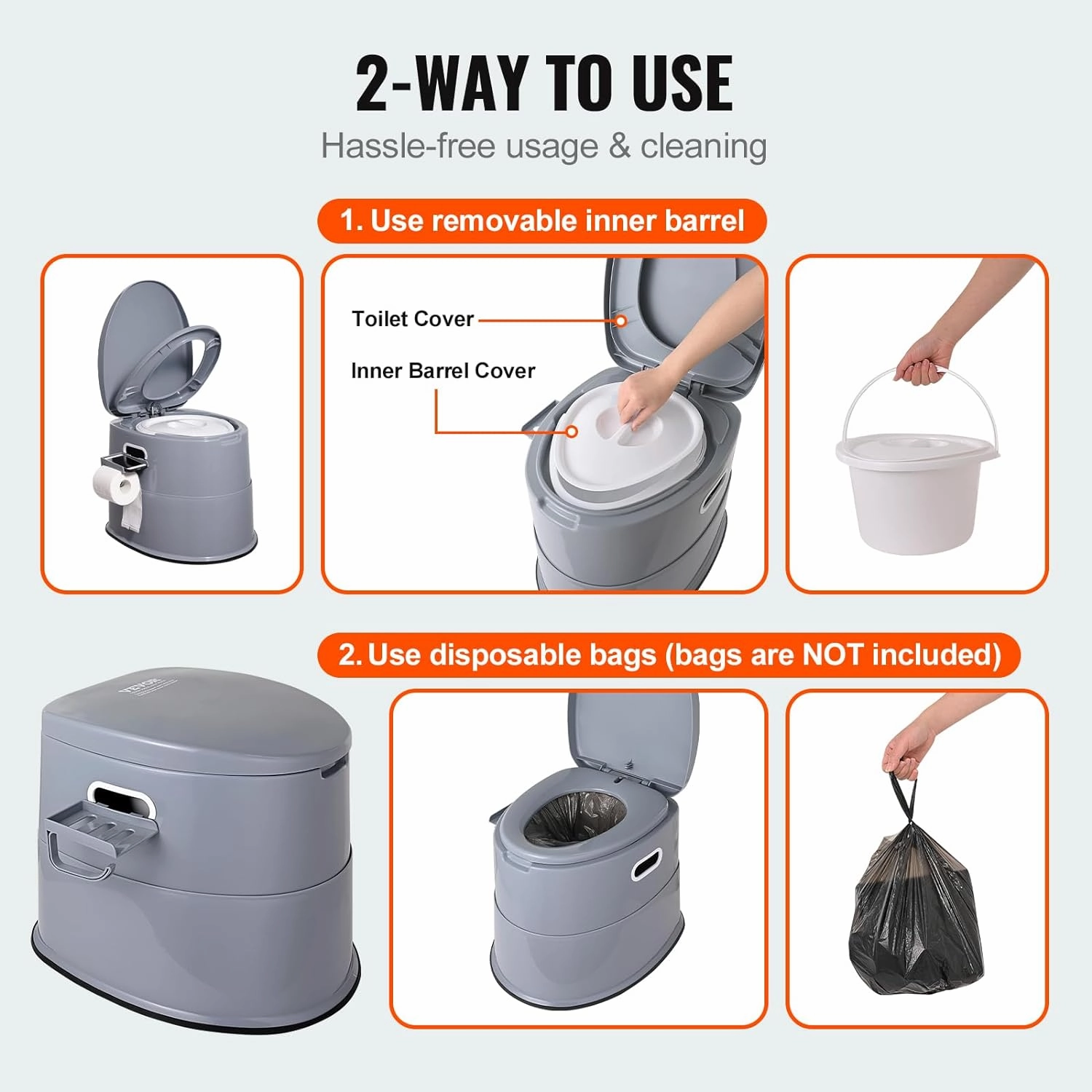 VEVOR RV Toilet for Camping, Portable Toilet with 1.3 Gal Detachable Inner Bucket & Removable Paper Holder, Commode with Dual Lids, Travel Toilet for Outdoor Camping Car Long Road Trips