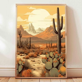 Vintage Cactus Wall Art Cactus Landscape Canvas Wall Art Sonoran Desert Landscape Paintings Desert Mountain Wall Art Desert Nature Sunset Cactus Painting Mid Century Modern Decor 16x24inch No Frame