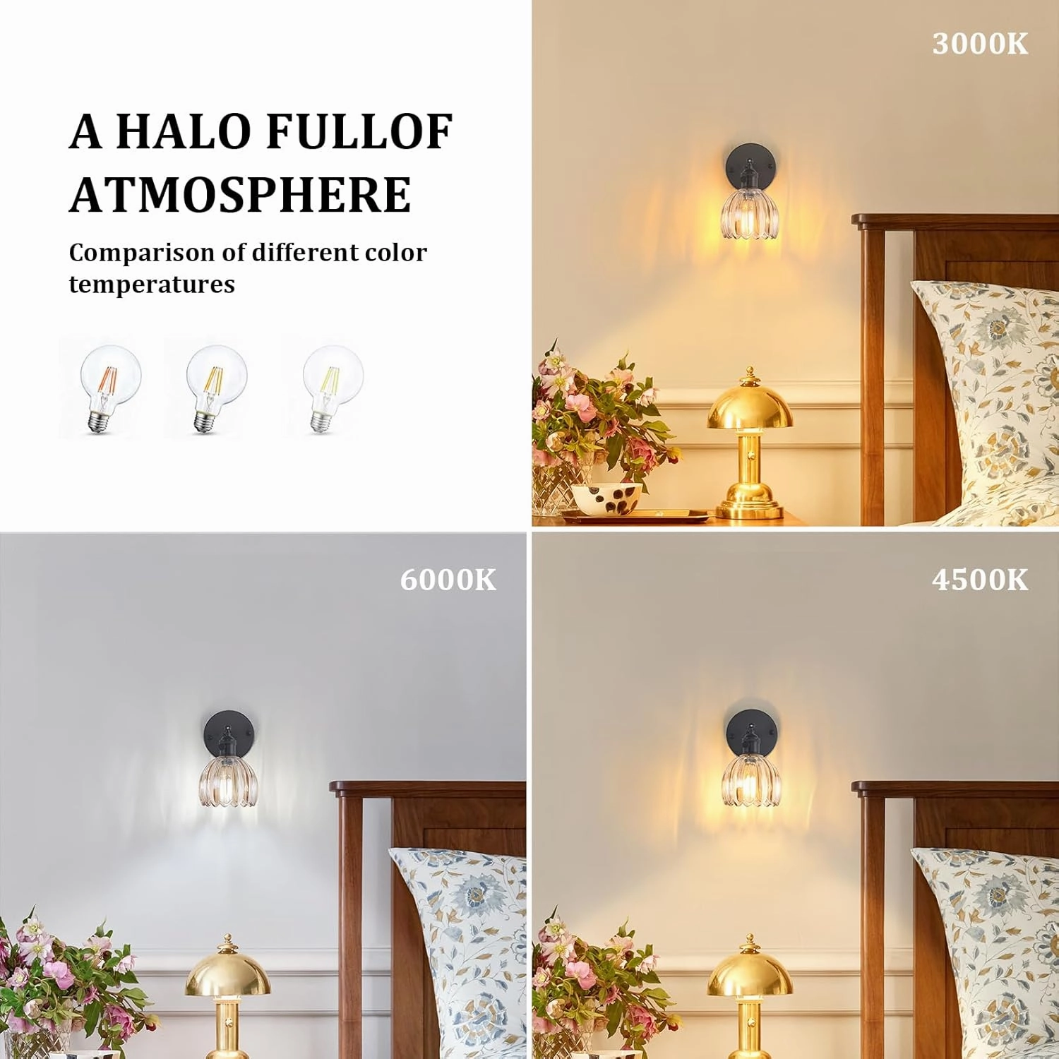 Vintage Wall Sconce with Amber Tulip Glass Lampshade 180 Degree Adjustable Black Sconce Hradwired Modern Wall Lighting Fixture with Switch for Bedside Bedroom Doorway