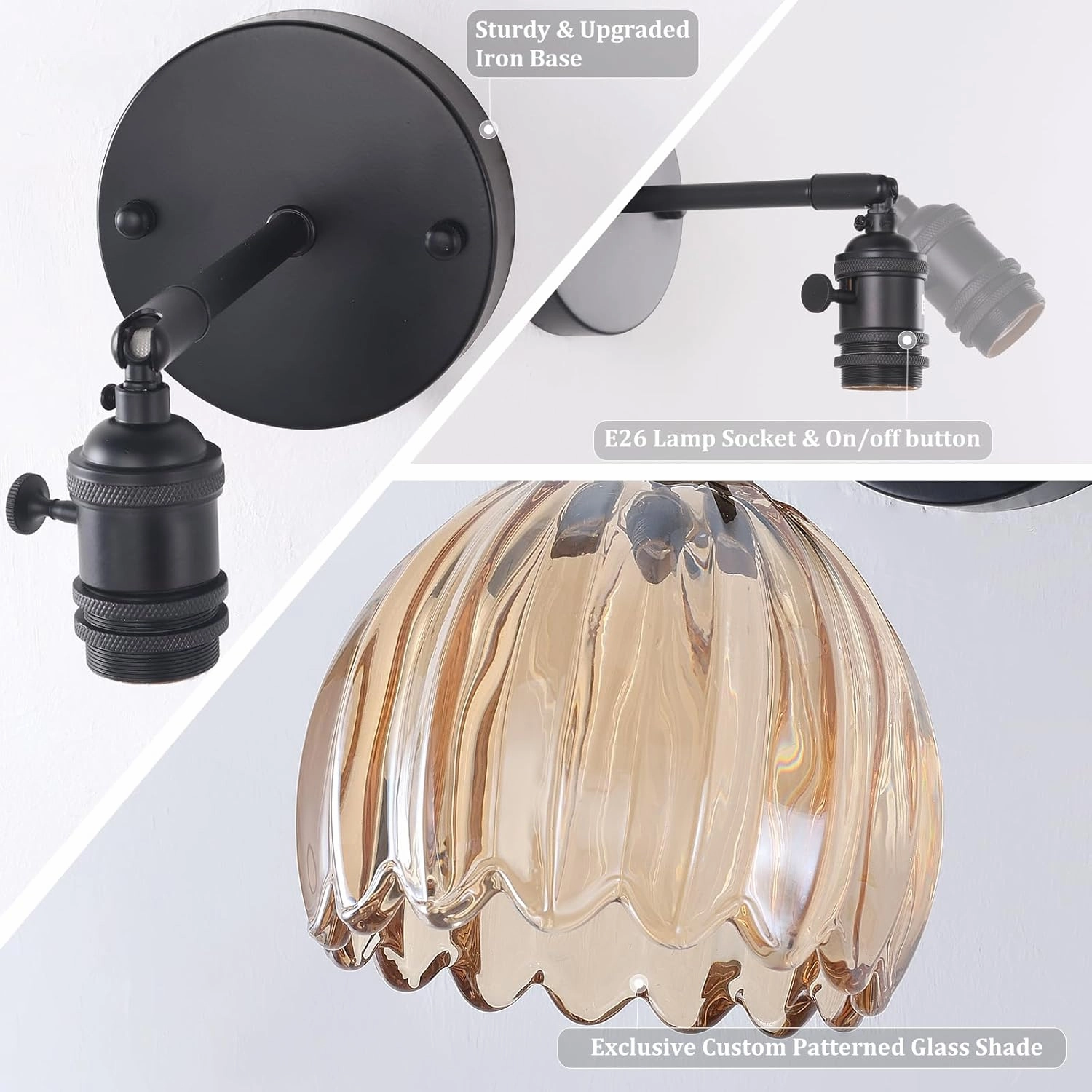 Vintage Wall Sconce with Amber Tulip Glass Lampshade 180 Degree Adjustable Black Sconce Hradwired Modern Wall Lighting Fixture with Switch for Bedside Bedroom Doorway