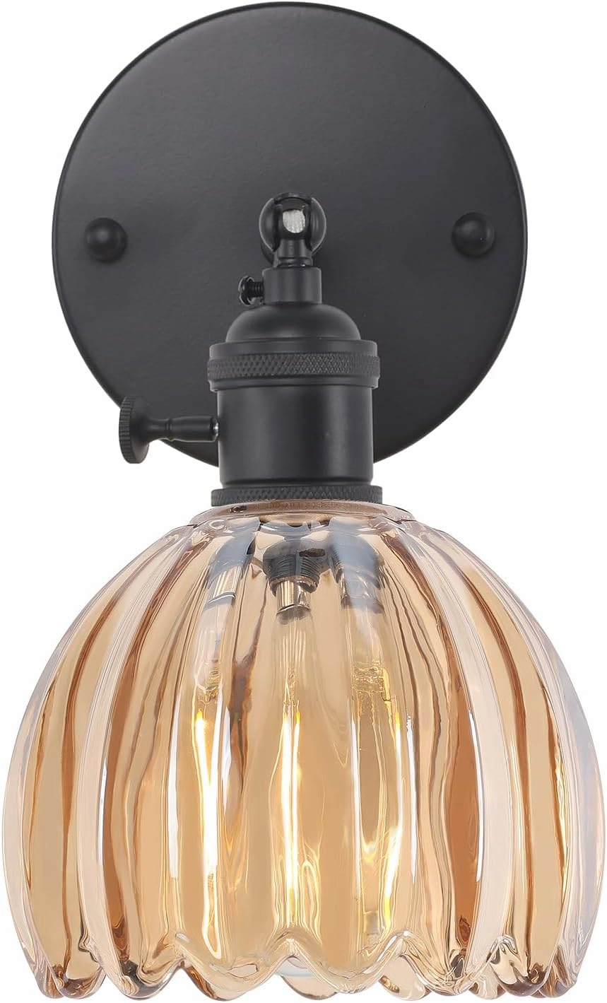 Vintage Wall Sconce with Amber Tulip Glass Lampshade 180 Degree Adjustable Black Sconce Hradwired Modern Wall Lighting Fixture with Switch for Bedside Bedroom Doorway