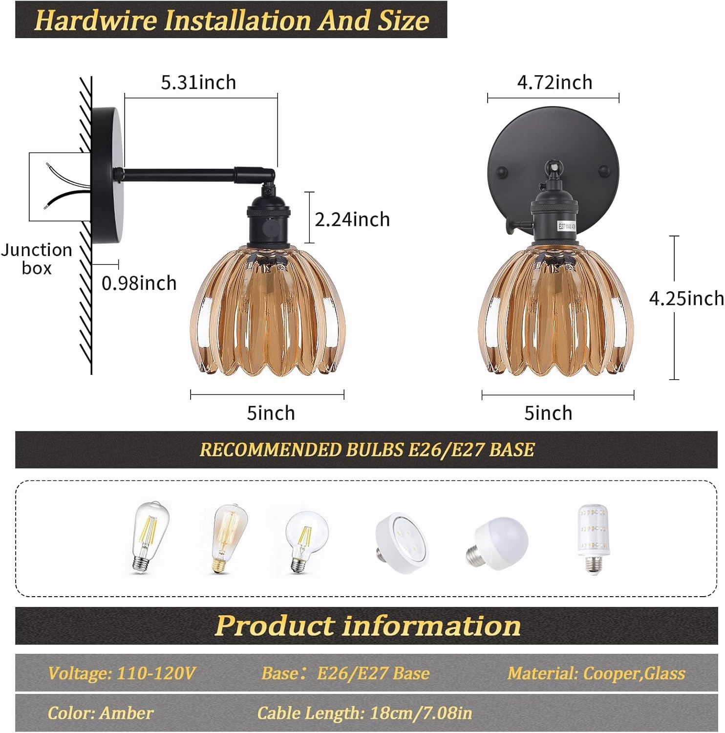 Vintage Wall Sconce with Amber Tulip Glass Lampshade 180 Degree Adjustable Black Sconce Hradwired Modern Wall Lighting Fixture with Switch for Bedside Bedroom Doorway