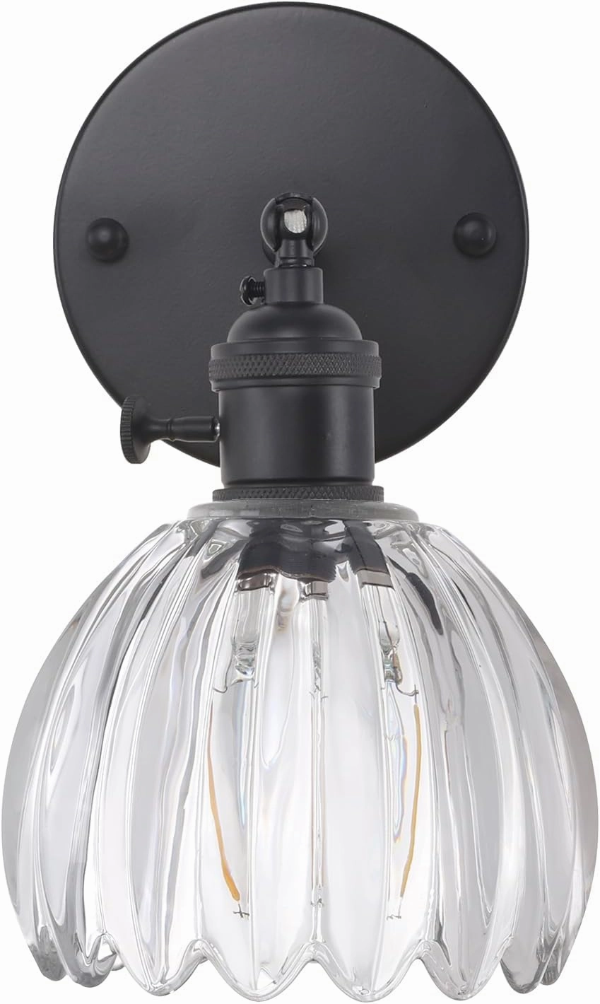 Vintage Wall Sconce with Transparent Tulip Glass Lampshade 180 Degree Adjustable Black Sconce Hradwired Modern Wall Lighting Fixture with Switch for Bedside Bedroom Doorway