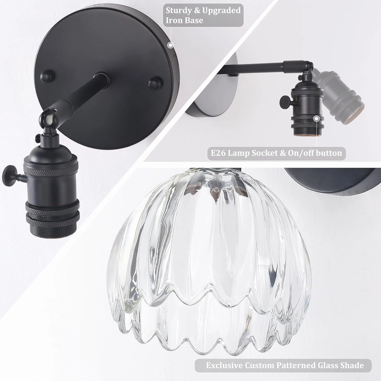 Vintage Wall Sconce with Transparent Tulip Glass Lampshade 180 Degree Adjustable Black Sconce Hradwired Modern Wall Lighting Fixture with Switch for Bedside Bedroom Doorway