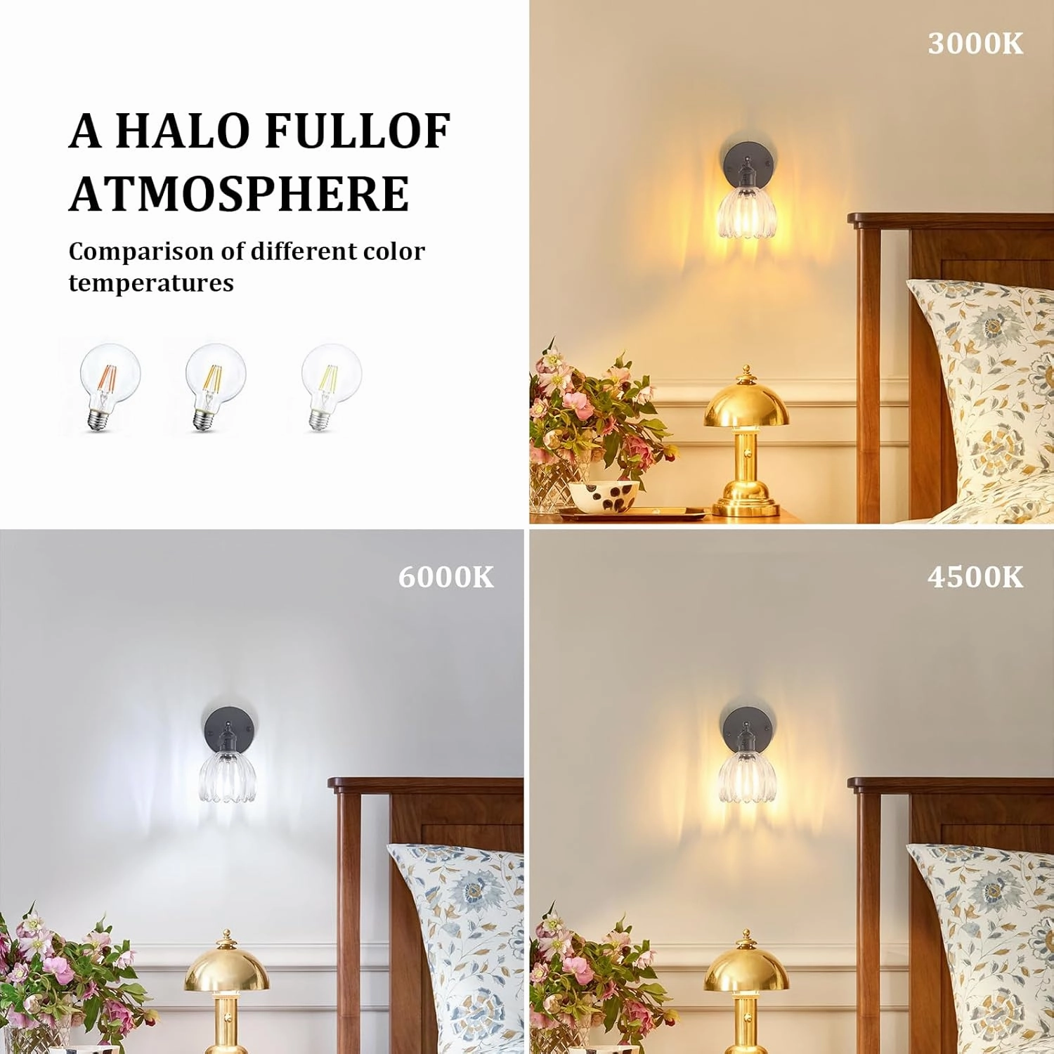 Vintage Wall Sconce with Transparent Tulip Glass Lampshade 180 Degree Adjustable Black Sconce Hradwired Modern Wall Lighting Fixture with Switch for Bedside Bedroom Doorway