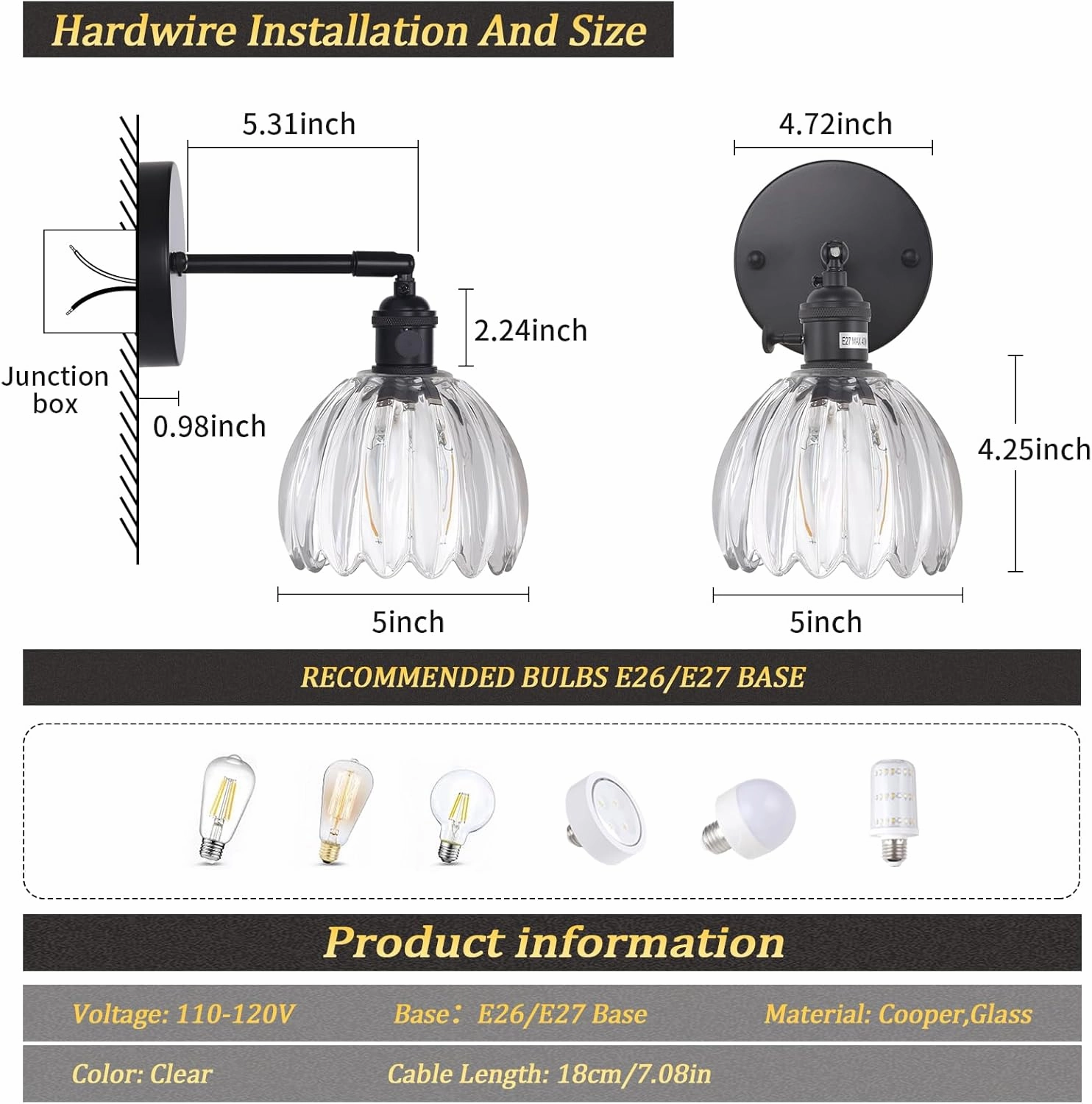 Vintage Wall Sconce with Transparent Tulip Glass Lampshade 180 Degree Adjustable Black Sconce Hradwired Modern Wall Lighting Fixture with Switch for Bedside Bedroom Doorway