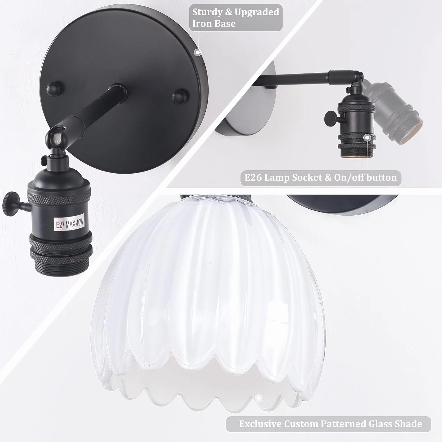 Vintage Wall Sconce with White Tulip Glass Lampshade 180 Degree Adjustable Black Sconce Hradwired Modern Wall Lighting Fixture with Switch for Bedside Bedroom Doorway
