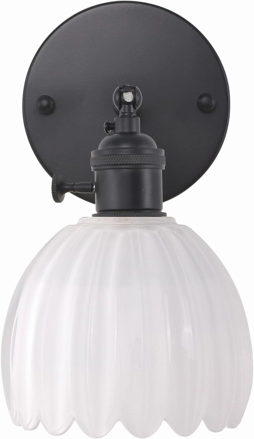 Vintage Wall Sconce with White Tulip Glass Lampshade 180 Degree Adjustable Black Sconce Hradwired Modern Wall Lighting Fixture with Switch for Bedside Bedroom Doorway