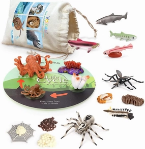 Volnau Animal Figurines Toys 17PCS Life Cycle Figure Set for Toddlers Kids Salmon Octopus Wolf Spider Mosquito Christmas Birthday Gift Preschool Educational Prop
