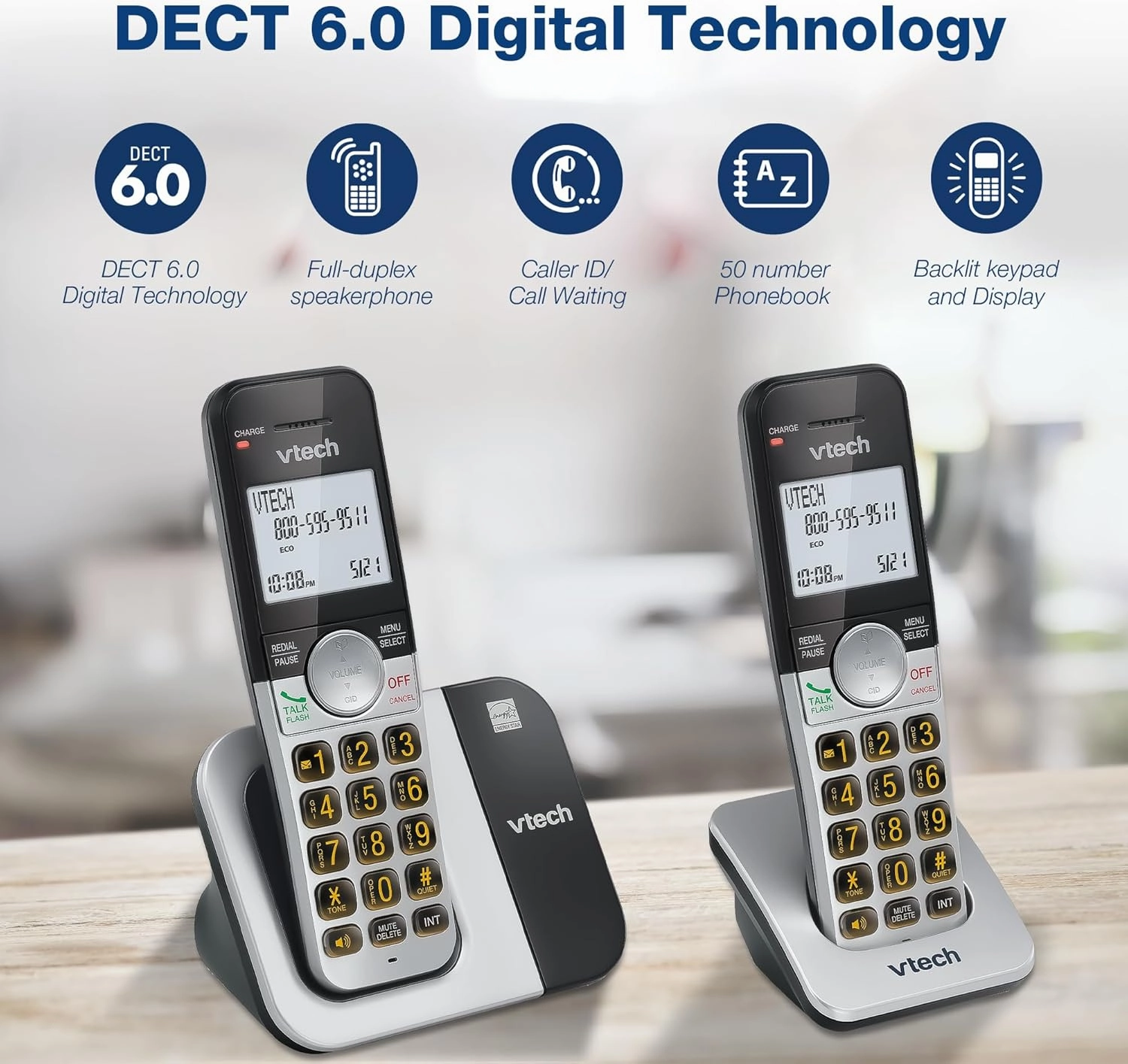 VTech VG231-4 Cordless Phone 4-Handset with Large Display and Big Buttons, DECT 6.0 with Caller ID/Call Waiting, Full Duplex Speakerphone, ECO Mode, Last 10 Number Redial, Easy to Use
